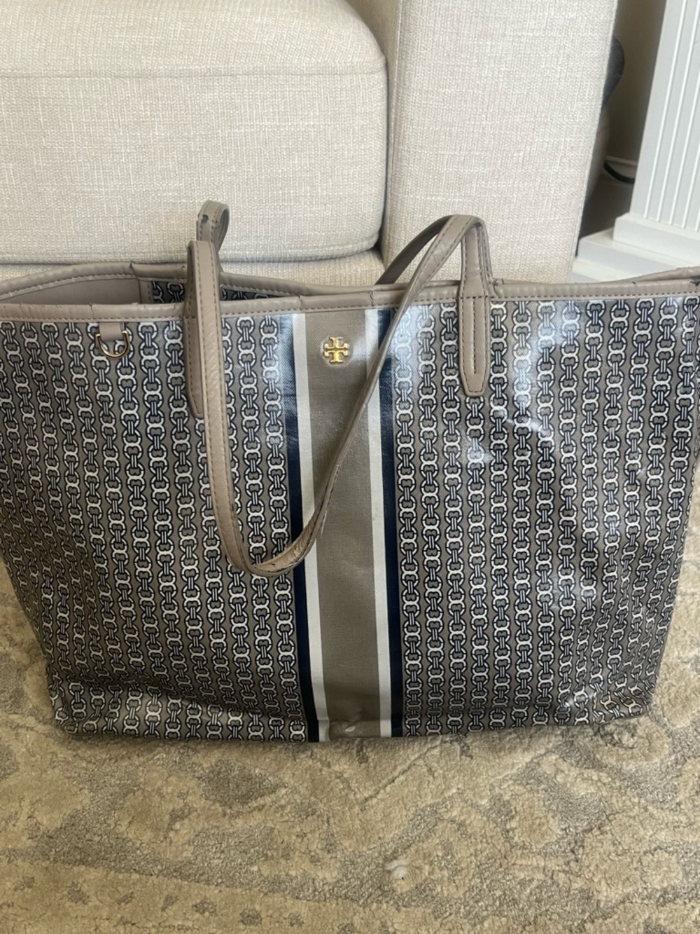 Tory Burch Gray and Navy Logo Stripe Reversible Tote
